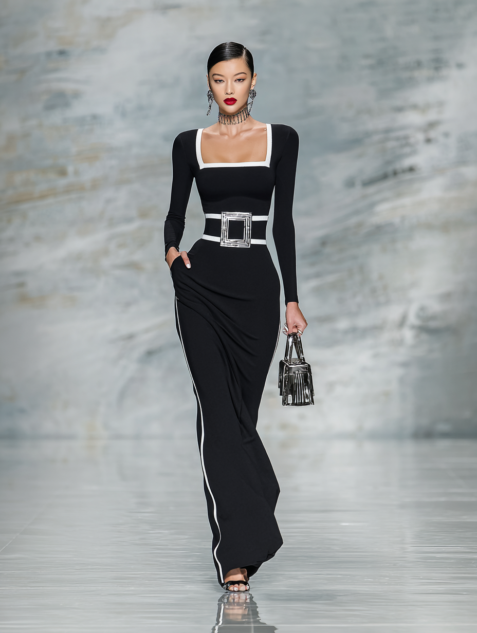 Bianca | Black Trim Square-Neck Maxi Dress