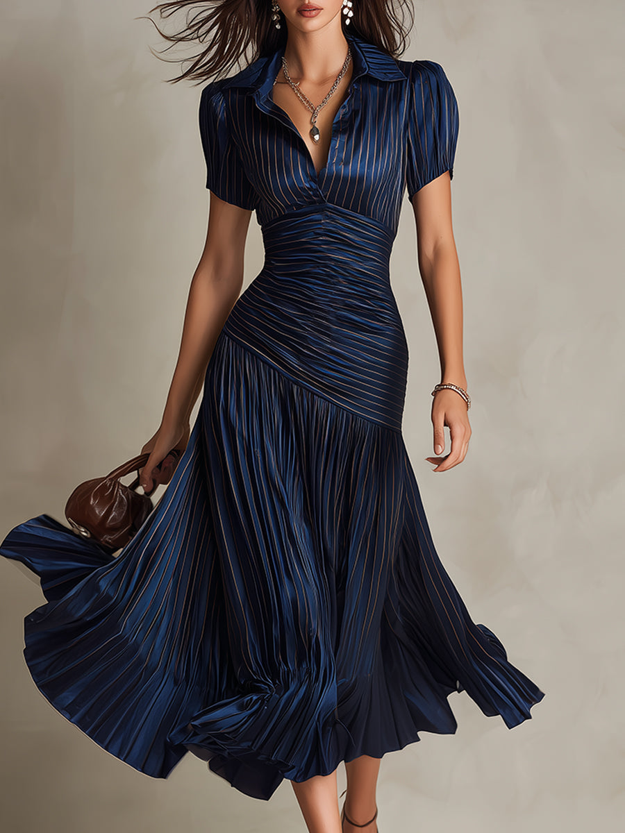 Bianca | Striped Satin Pleated Midi Dress