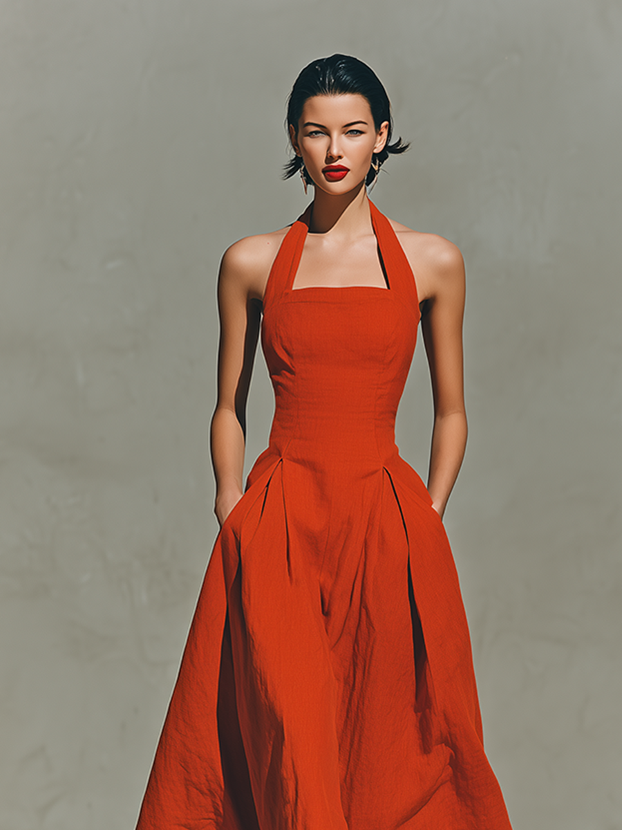 Freya | Red Linen Halter Maxi Dress