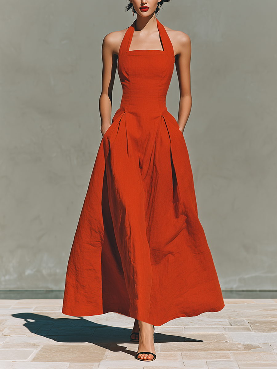 Freya | Red Linen Halter Maxi Dress