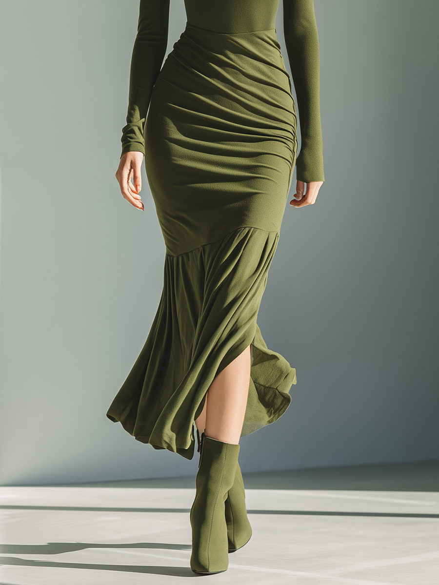 Olive | High-Neck Pleated Maxi Dress