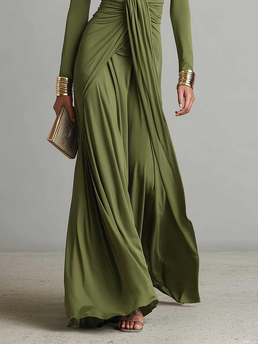 Isabelle | Olive Ruched V-Neck Maxi Dress