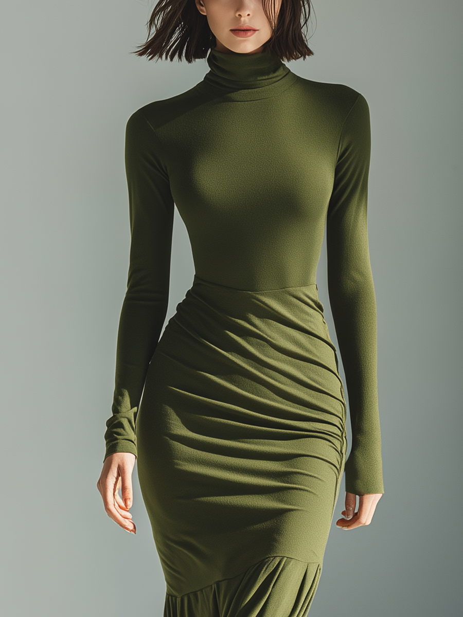 Olive | High-Neck Pleated Maxi Dress