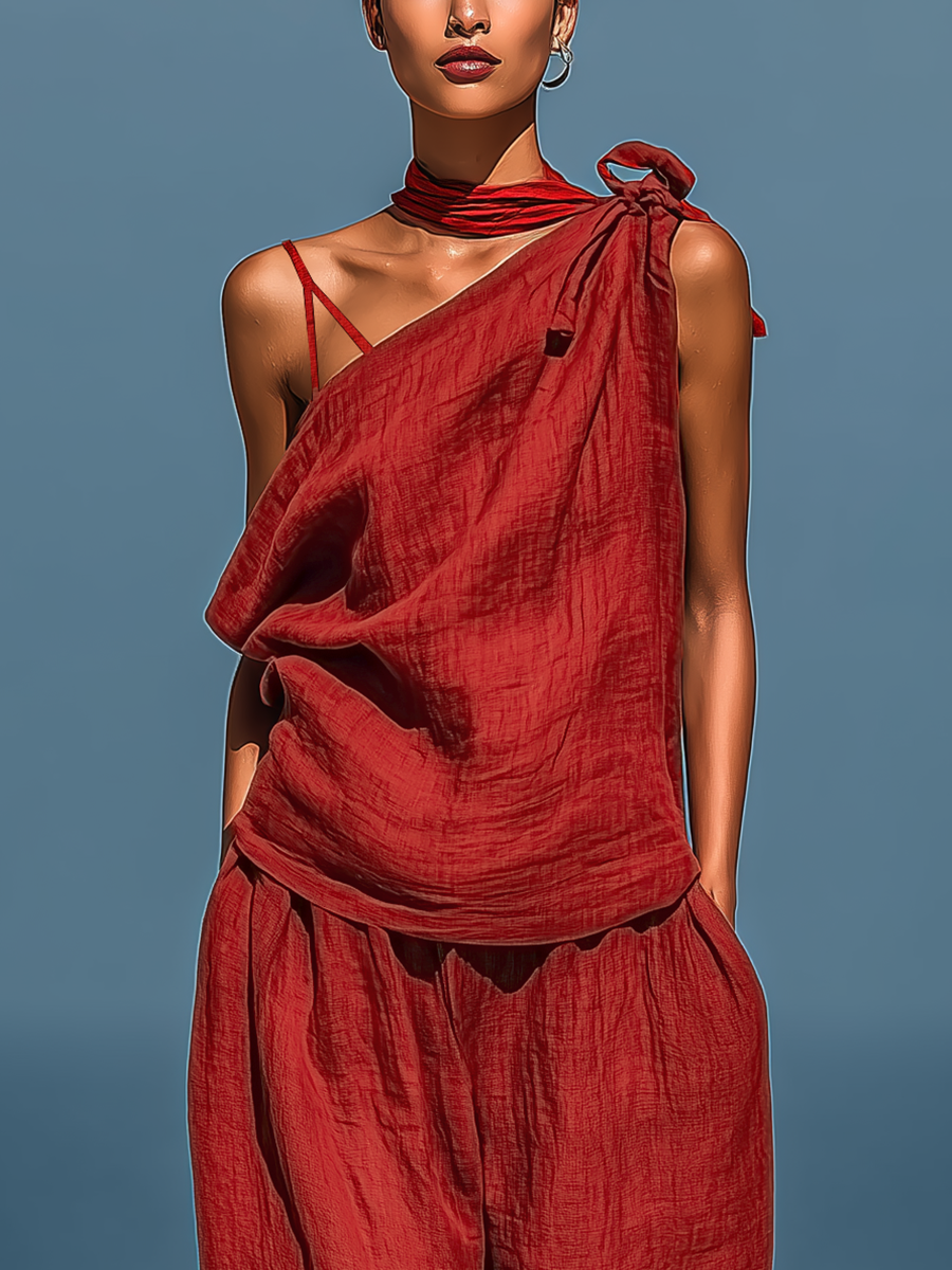 Valentina | Red One-Shoulder Trouser Set