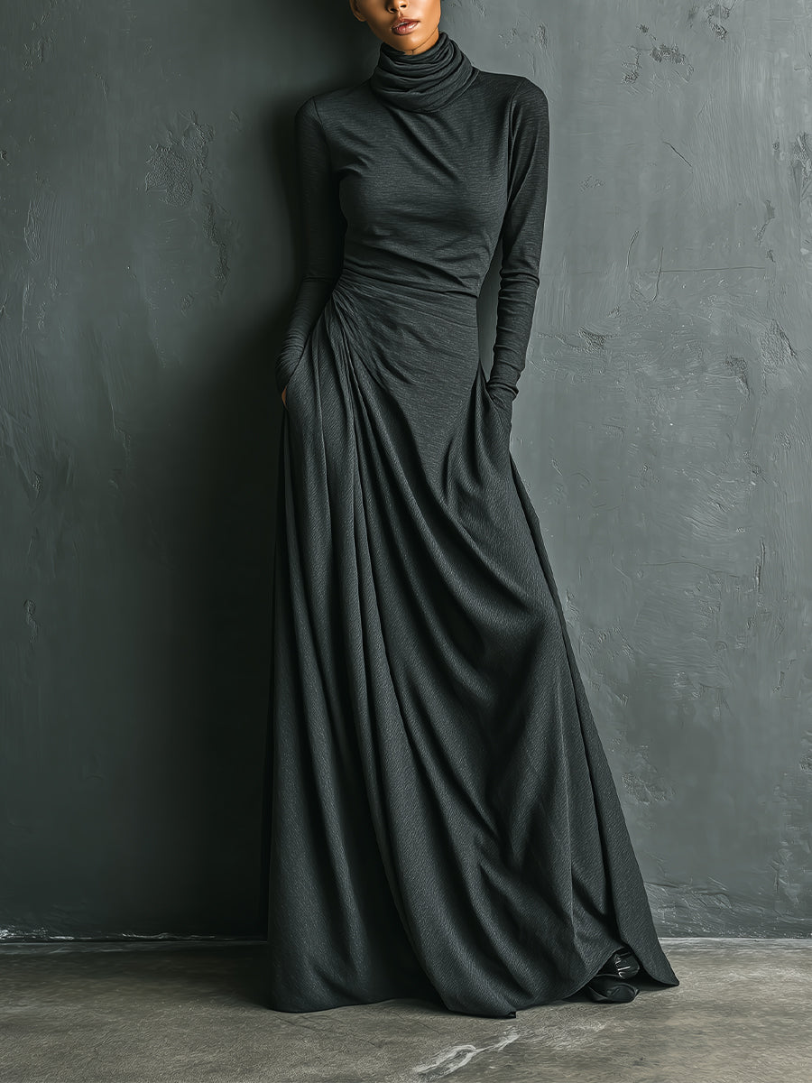 Amelia | Charcoal Draped Turtleneck Maxi Dress