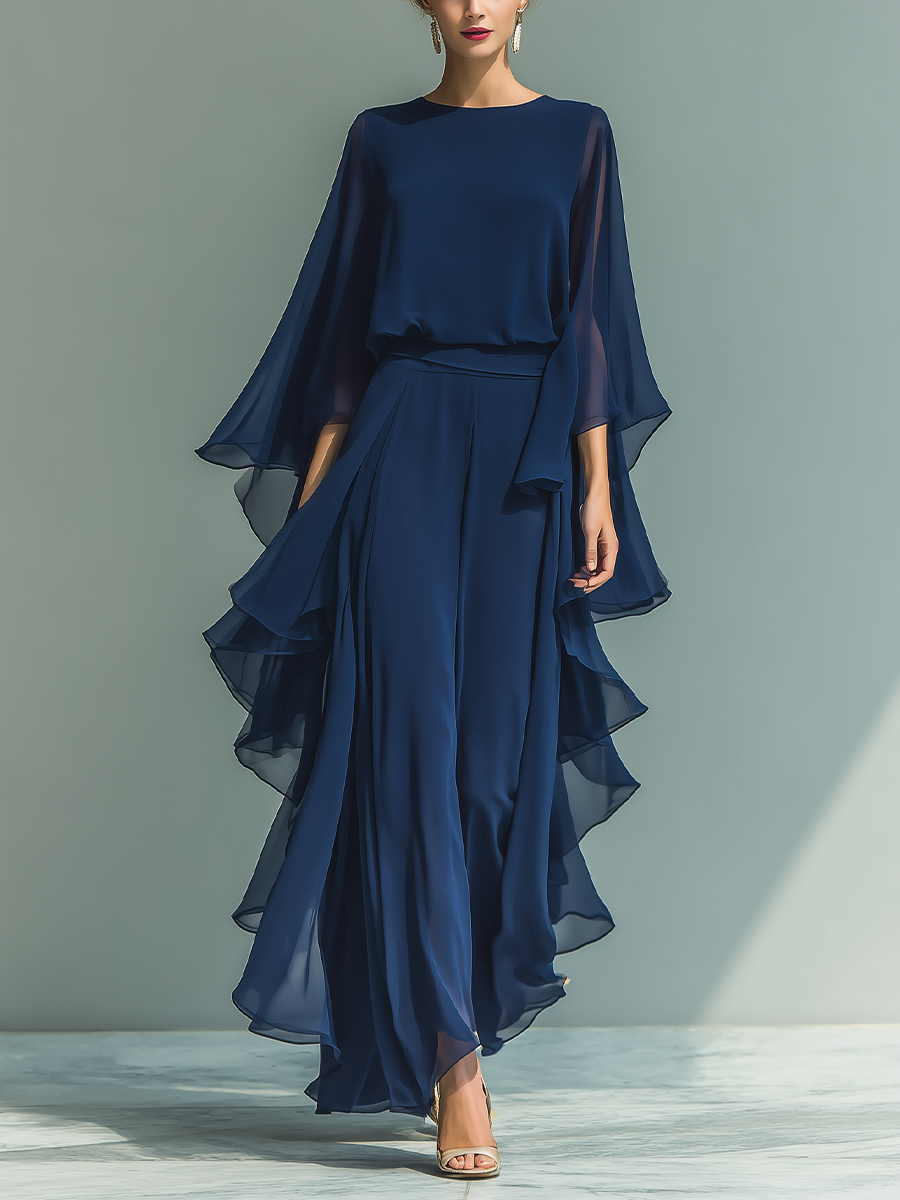 Evelina | Navy Chiffon Trouser Set