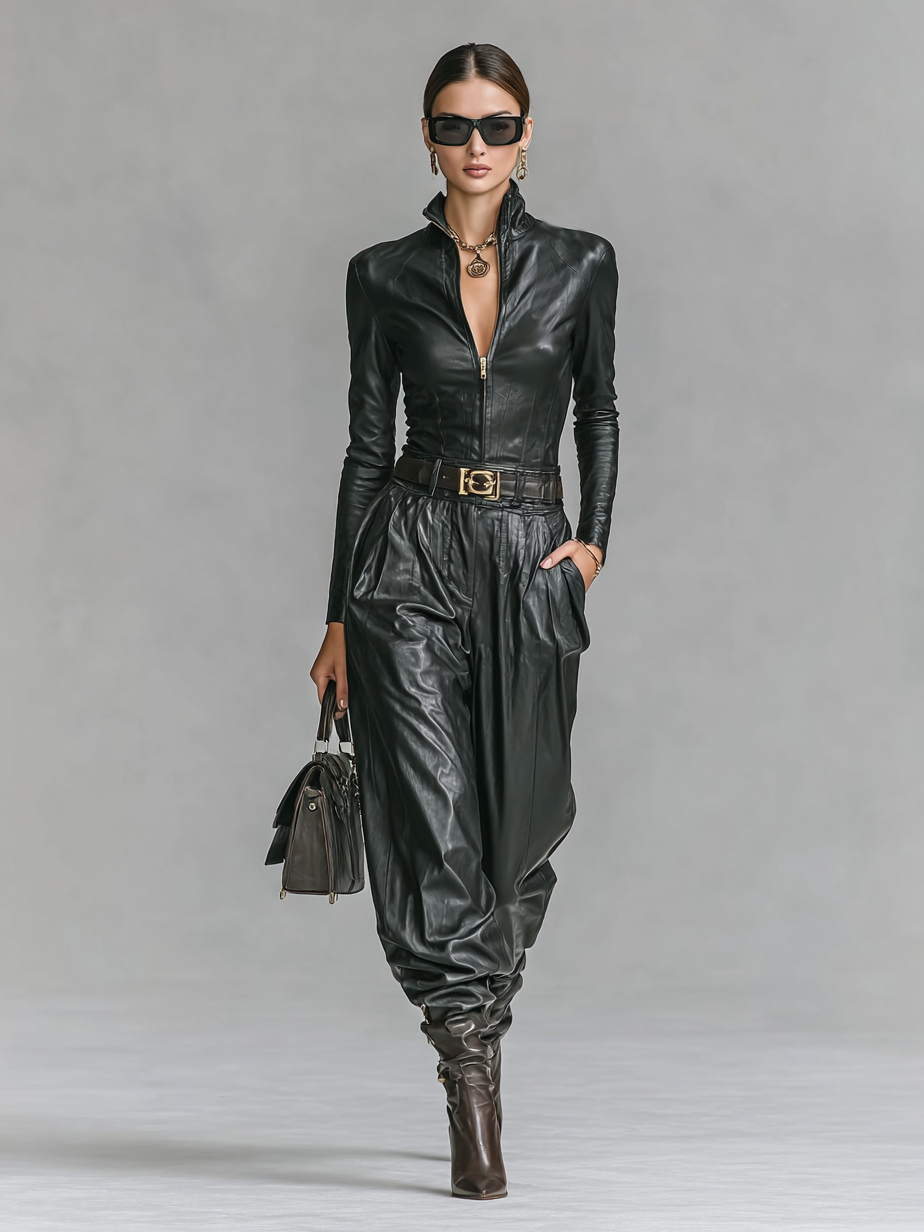 Celine | Faux Leather Zip Pant Set