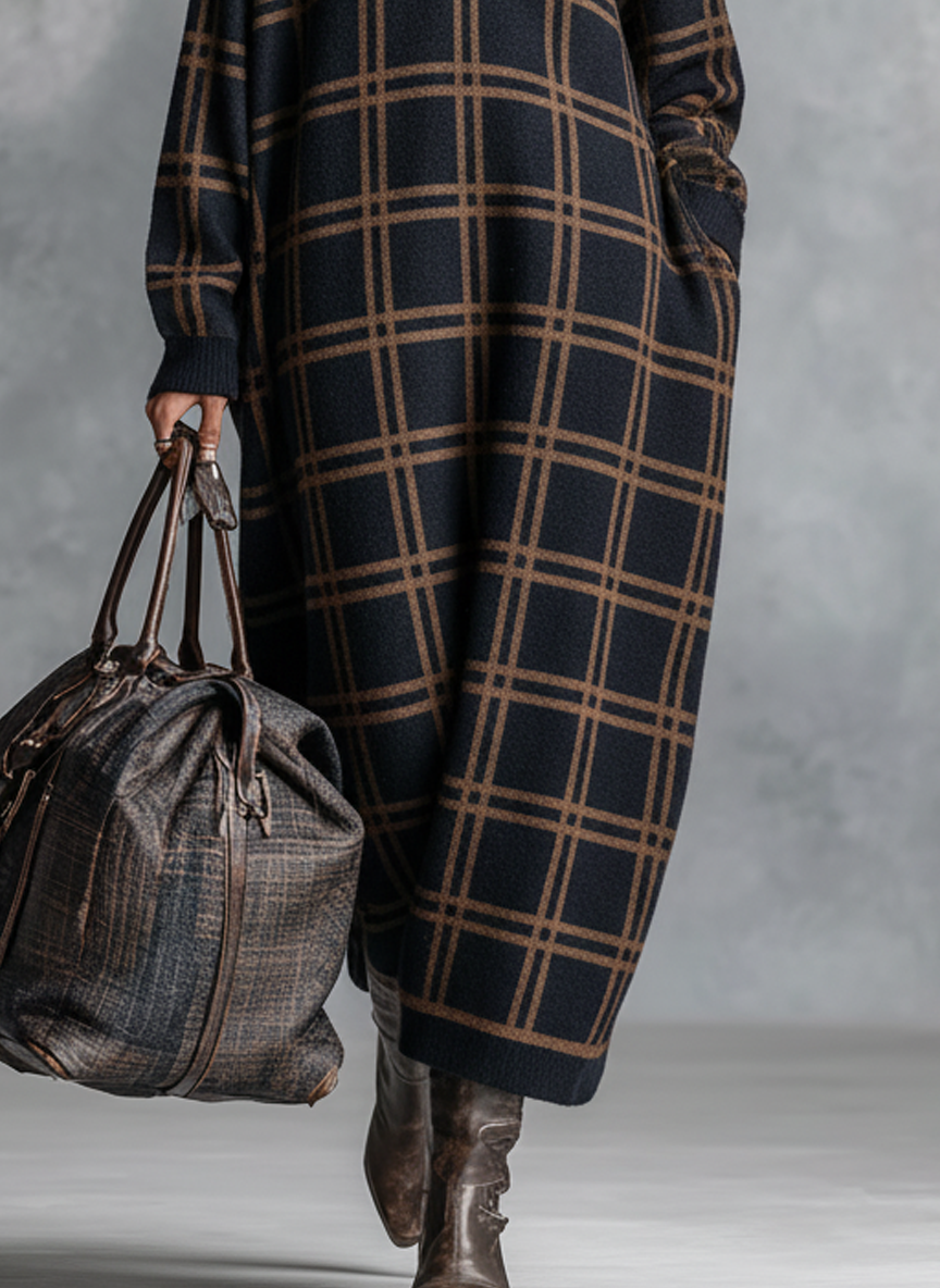 Nicole | Plaid Zipper Neck Maxi Dress