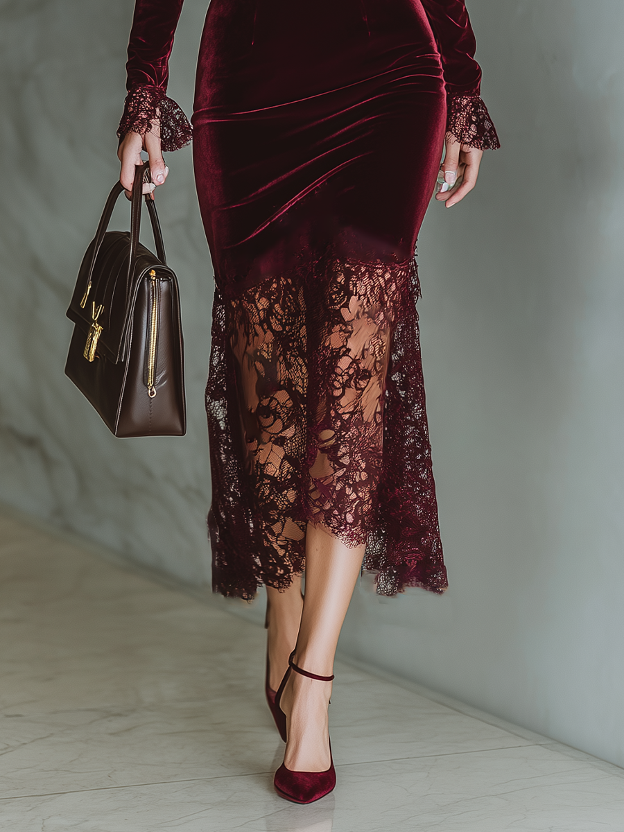Celeste | Burgundy Velvet Lace Maxi Dress