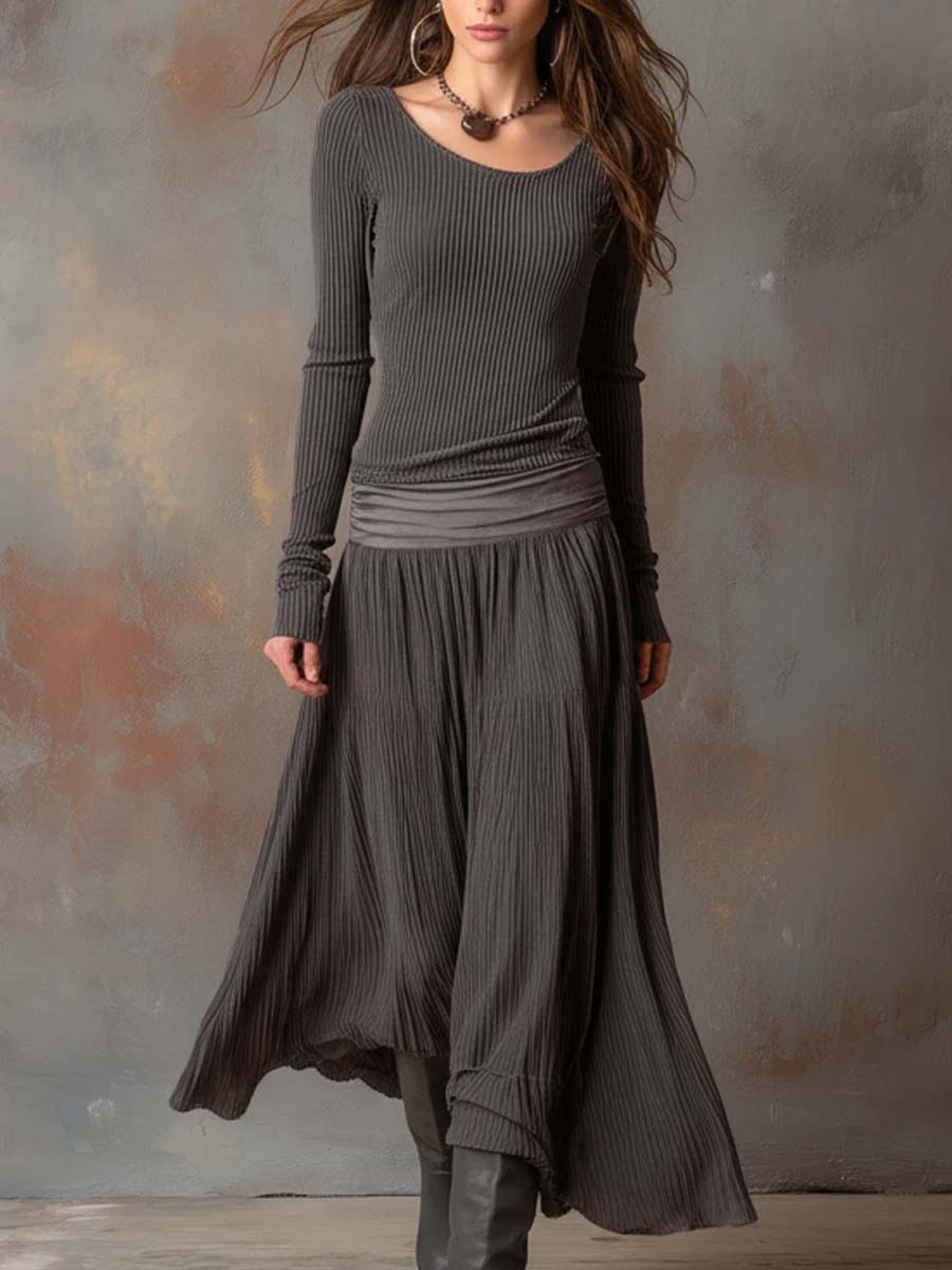 Nora | Charcoal Ribbed Knit Maxi Dress