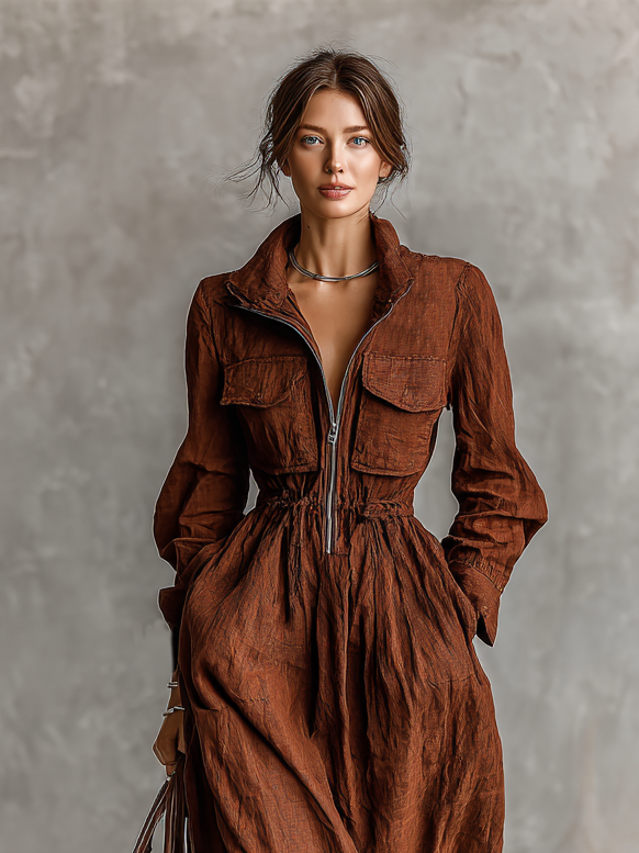 Clara | Linen Zip-Lapel Maxi Dress
