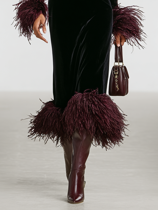 Odette | Velvet Feather Trim Maxi Dress