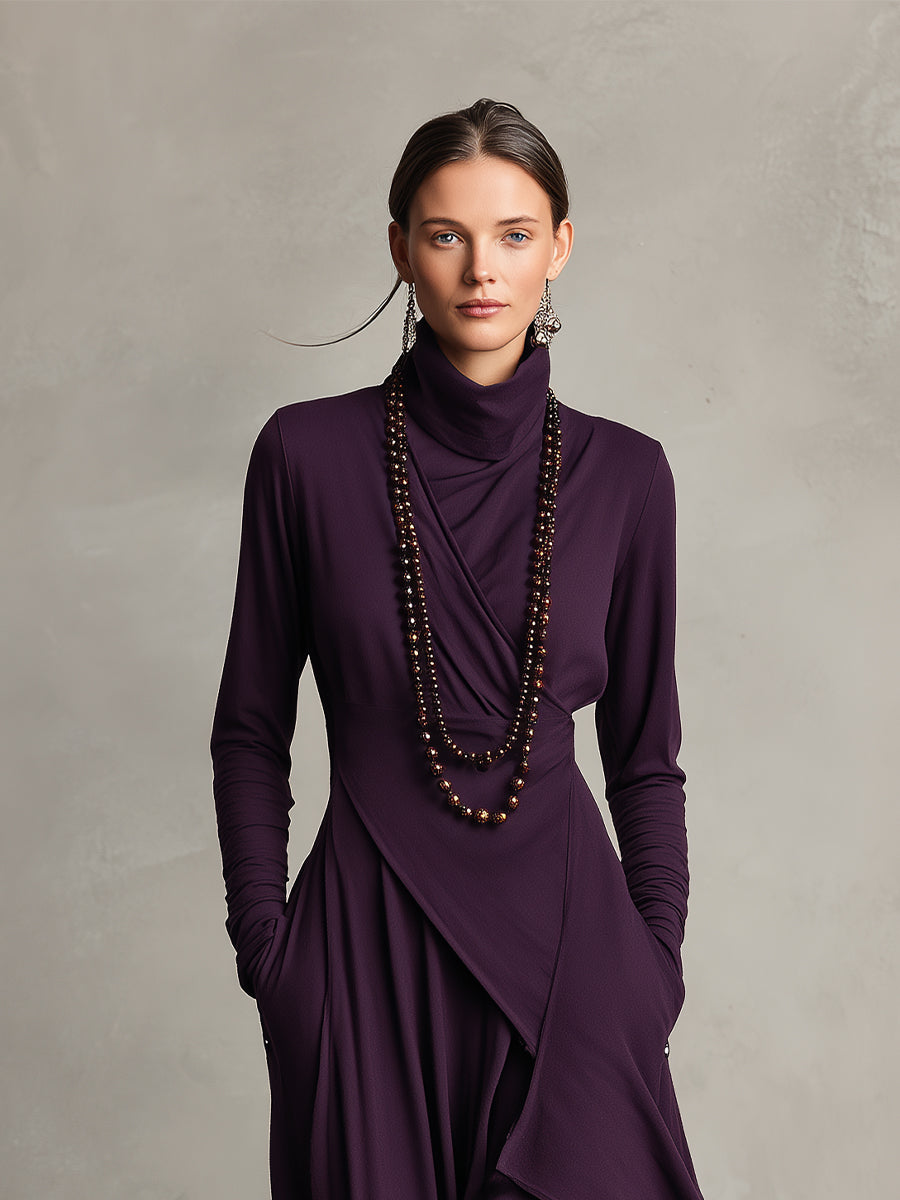 Rhea | Purple Draped Turtleneck Maxi Dress