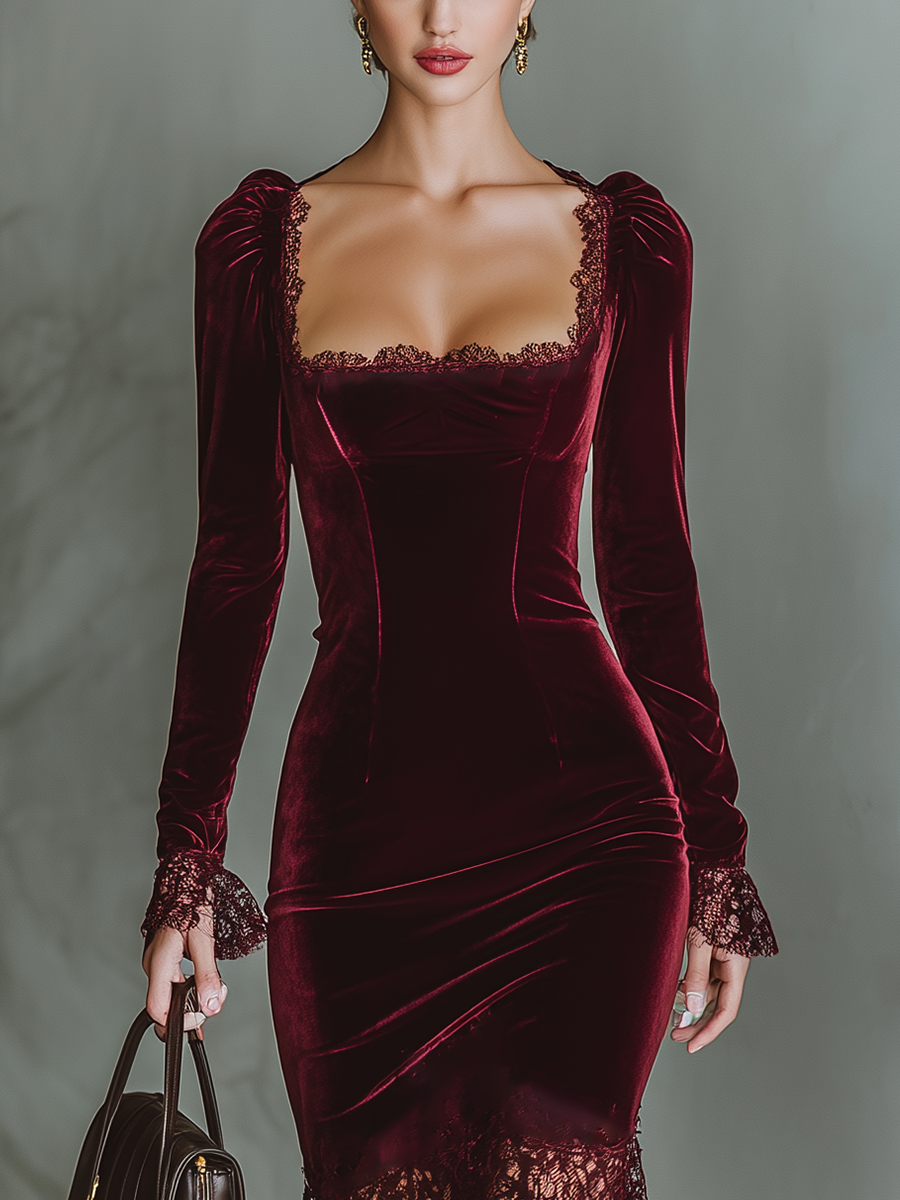 Celeste | Burgundy Velvet Lace Maxi Dress