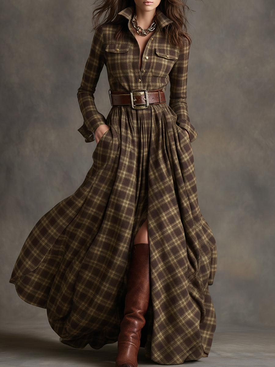 Elowen | Reddish Brown Plaid Maxi Dress