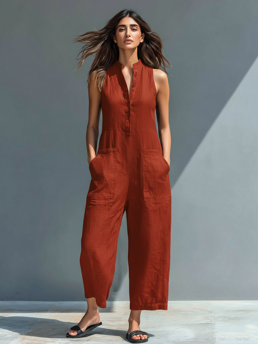 Serena | Stand-Collar Linen Jumpsuit