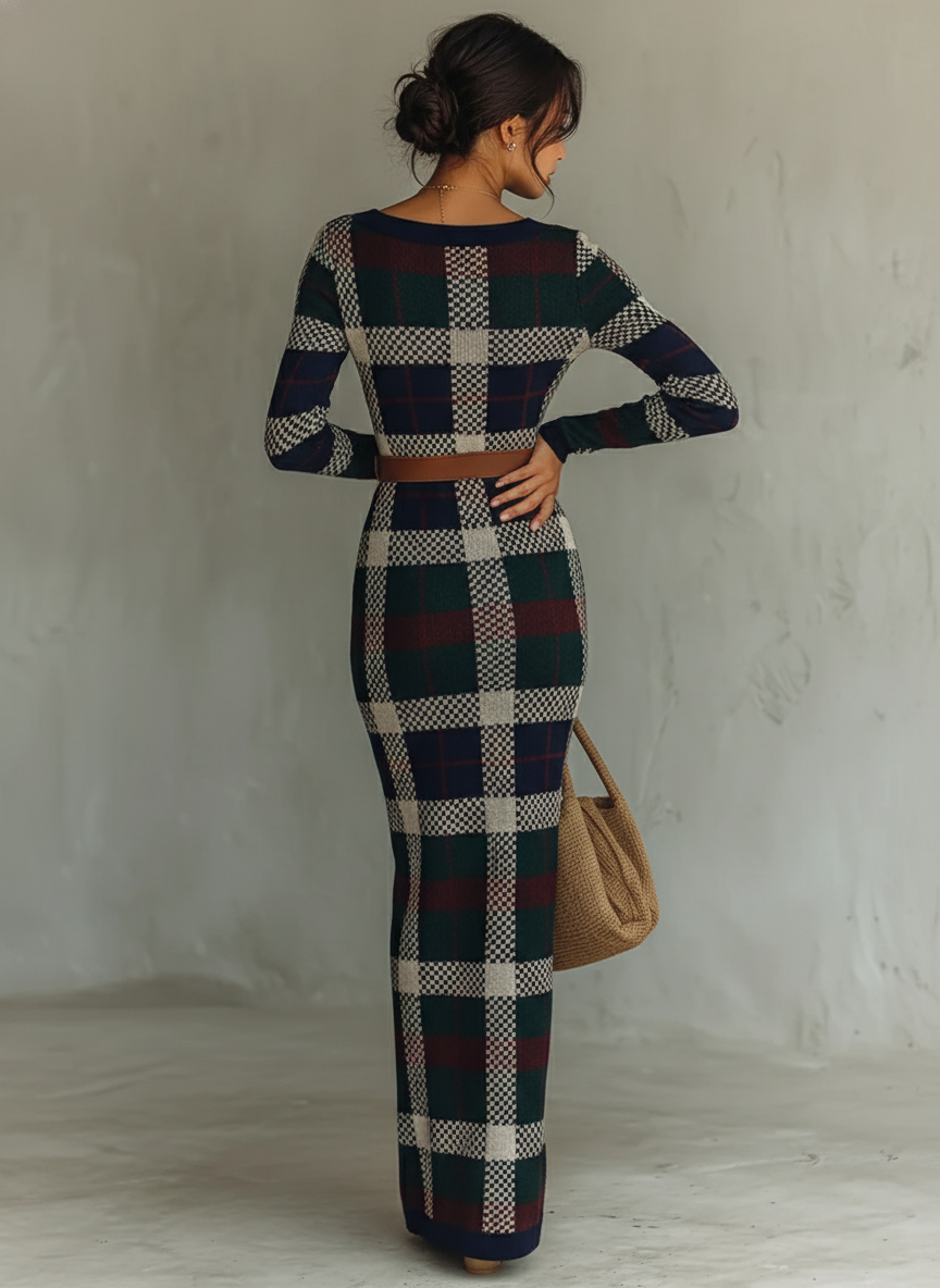 Kirsty | Check Knit Belted Maxi Dress
