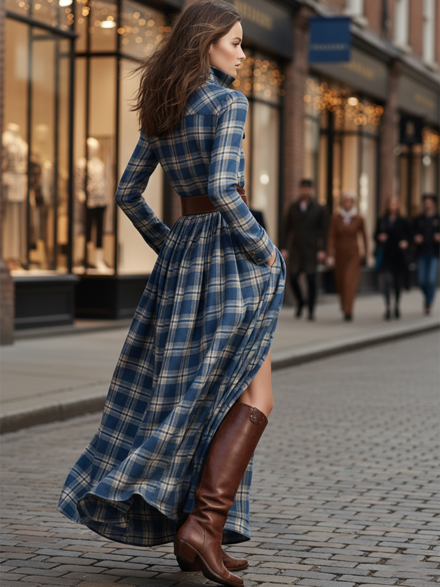 Elowen | Reddish Brown Plaid Maxi Dress