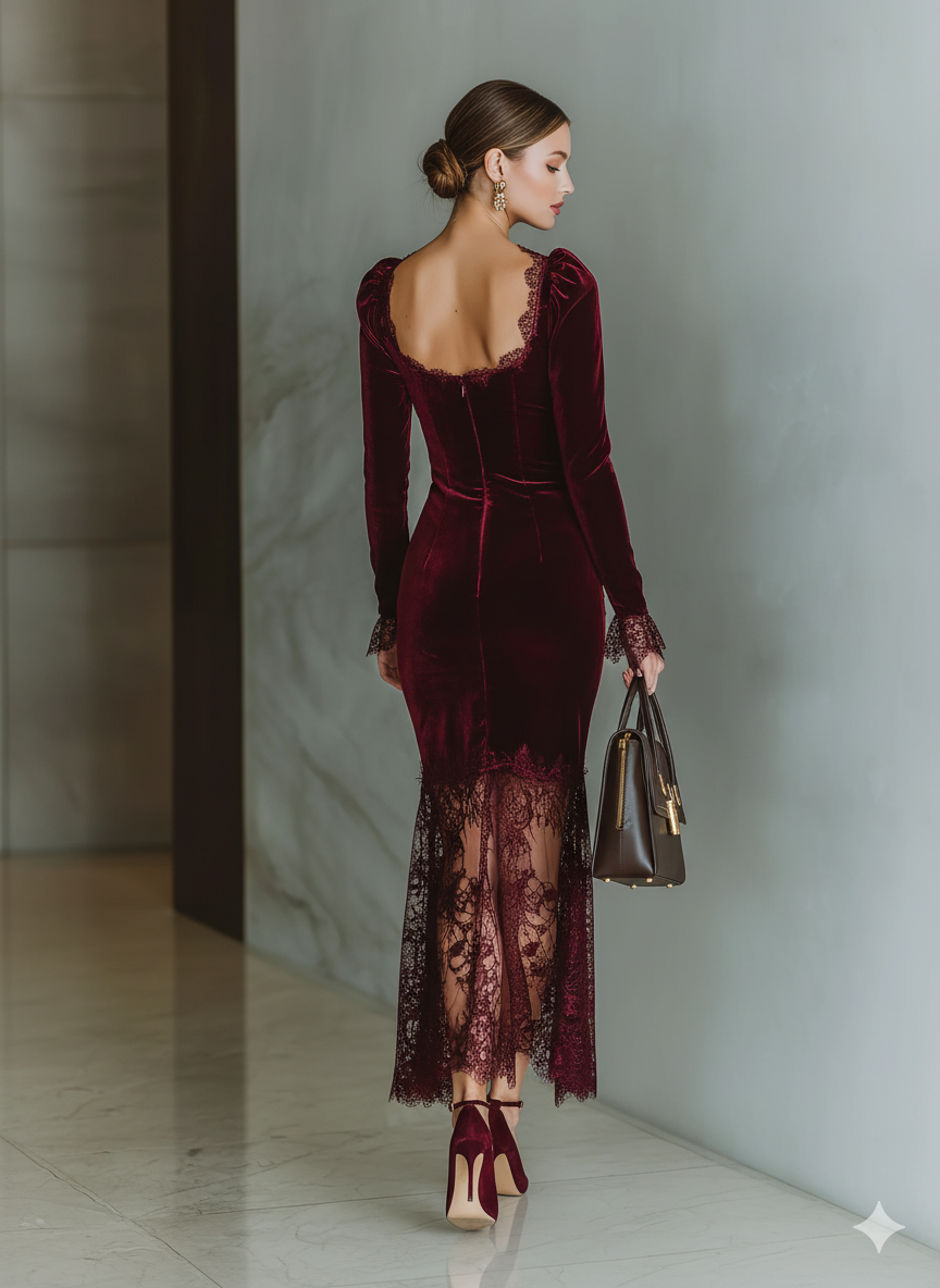 Celeste | Burgundy Velvet Lace Maxi Dress