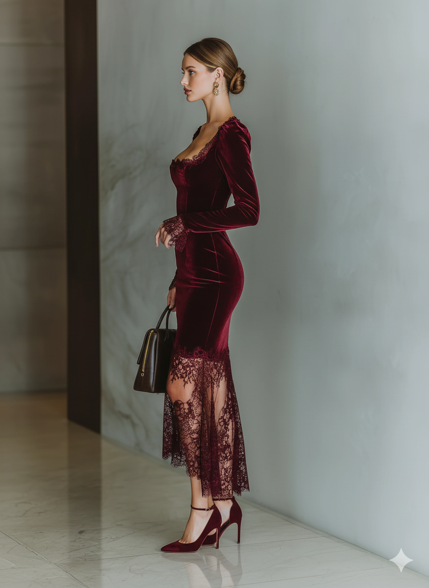 Celeste | Burgundy Velvet Lace Maxi Dress