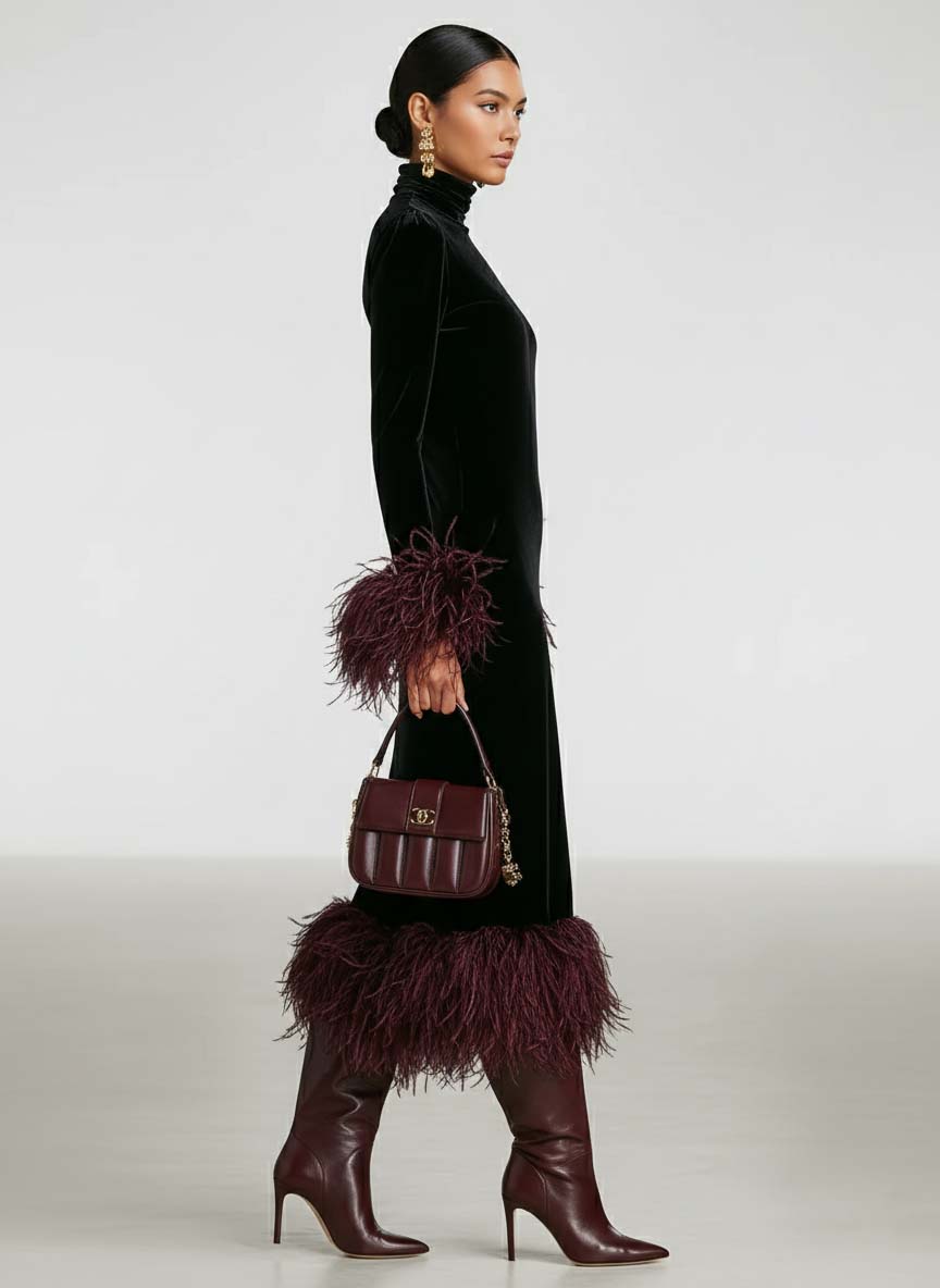 Odette | Velvet Feather Trim Maxi Dress