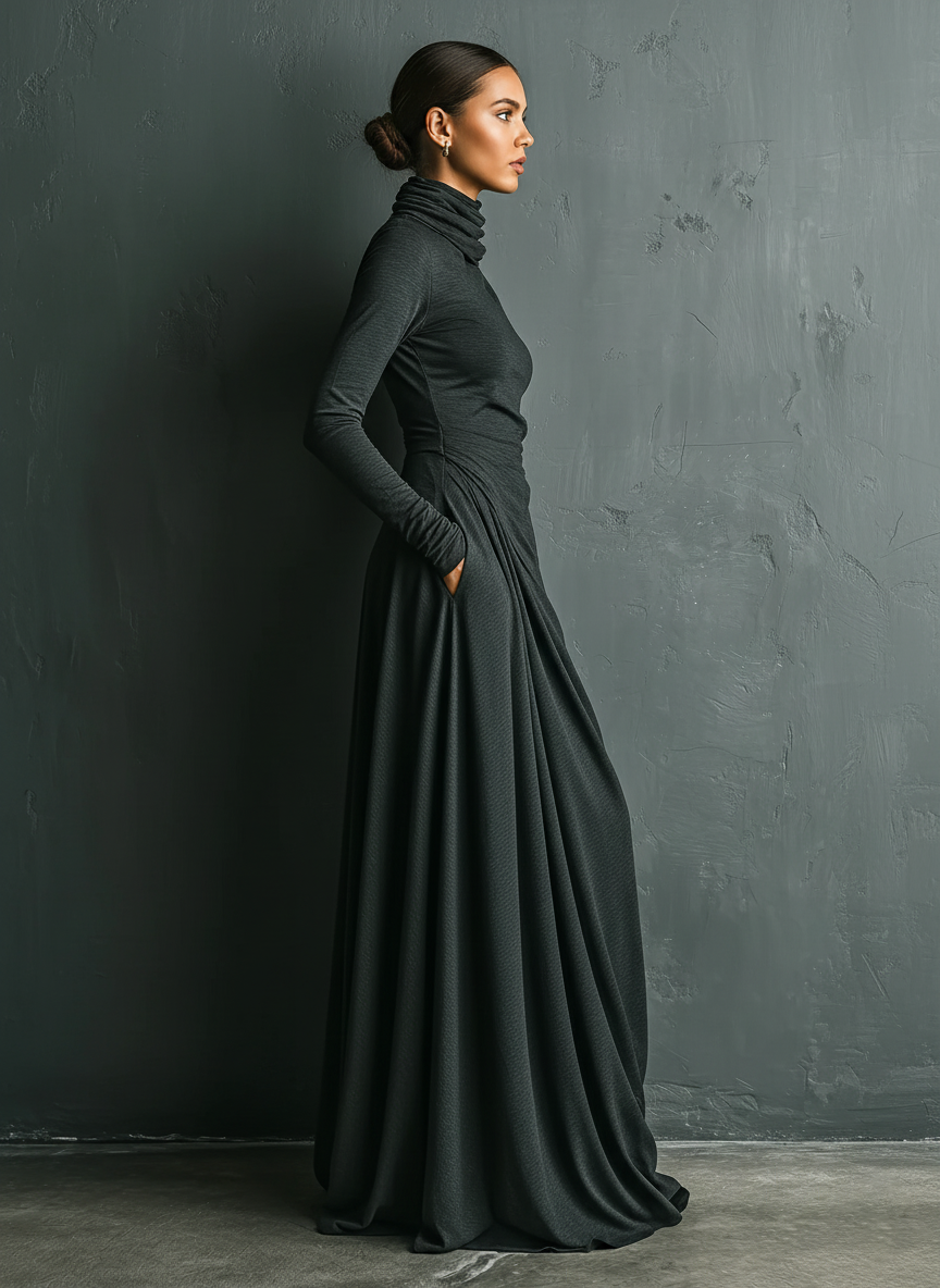 Amelia | Charcoal Draped Turtleneck Maxi Dress