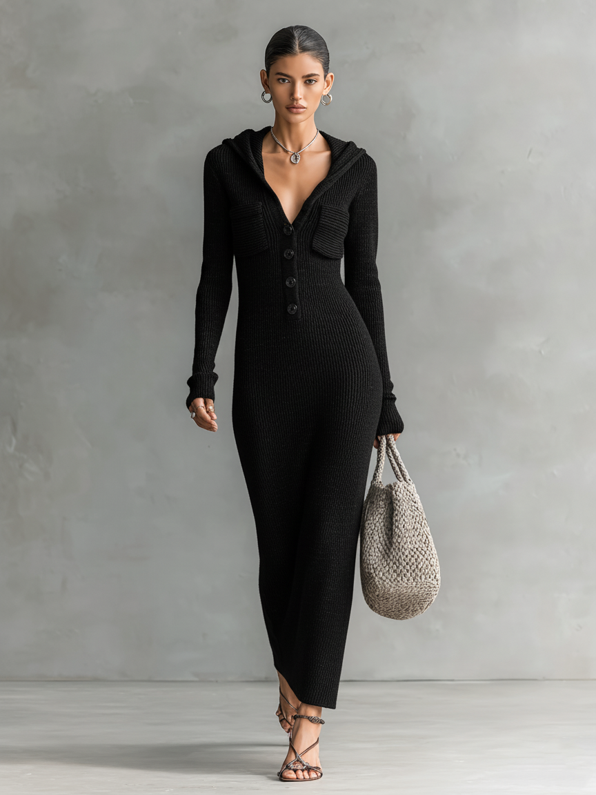Mykhalah | Slim Hooded Knitted Maxi Dress