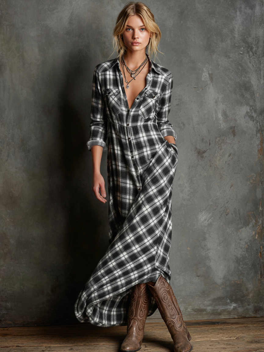 Amelia | Plaid Lapel Shirt Maxi Dress