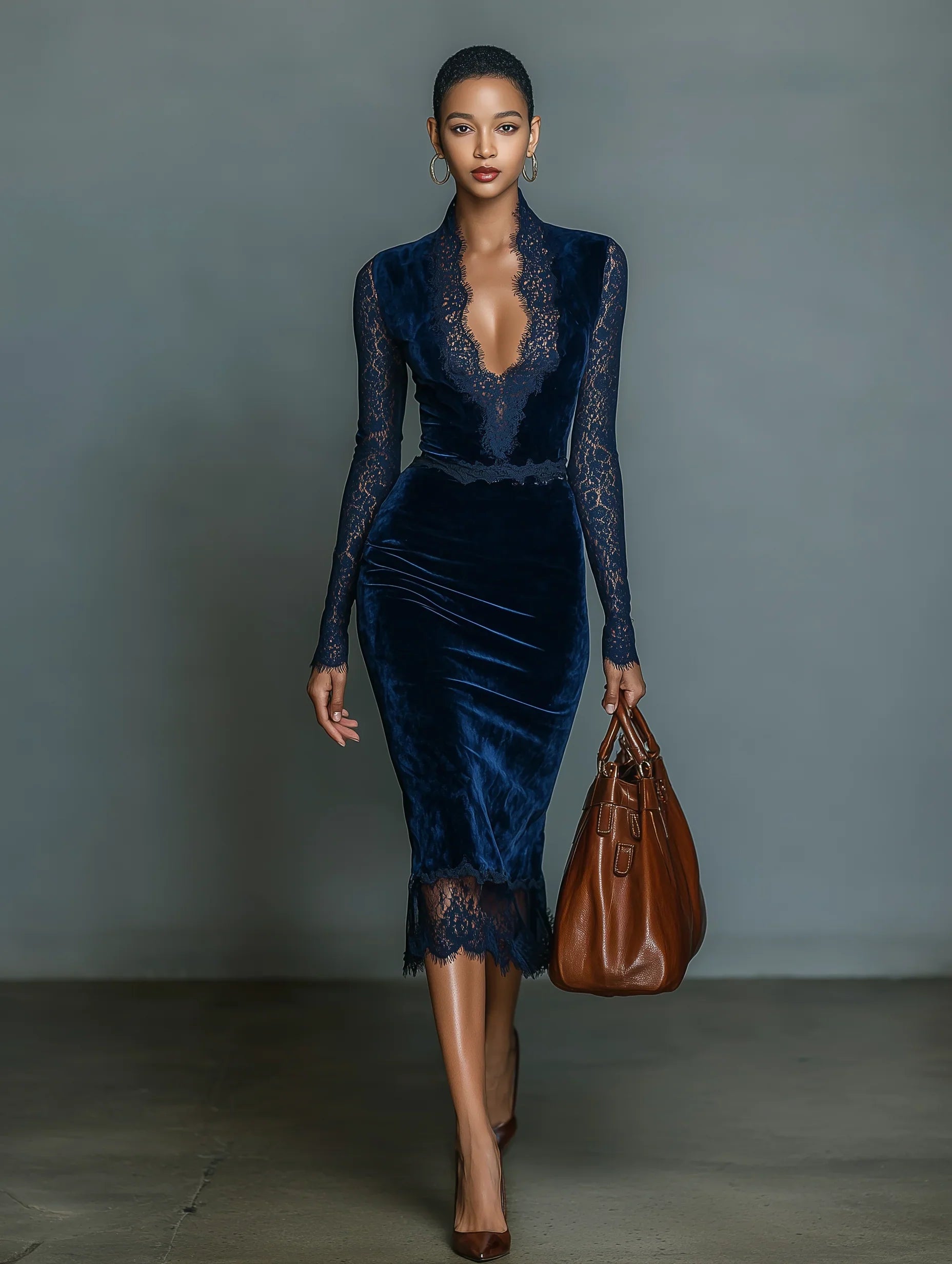 Isabelle | Dark Blue Velvet Midi Dress