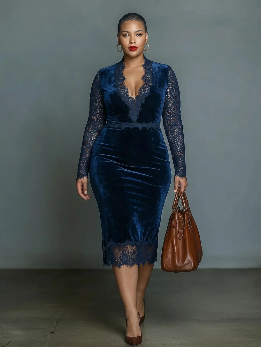 Elegant and Fashionable Dark Blue Velvet Midi Slim-fit V-neck Dress for Women with Lace Neckline and Sleeves