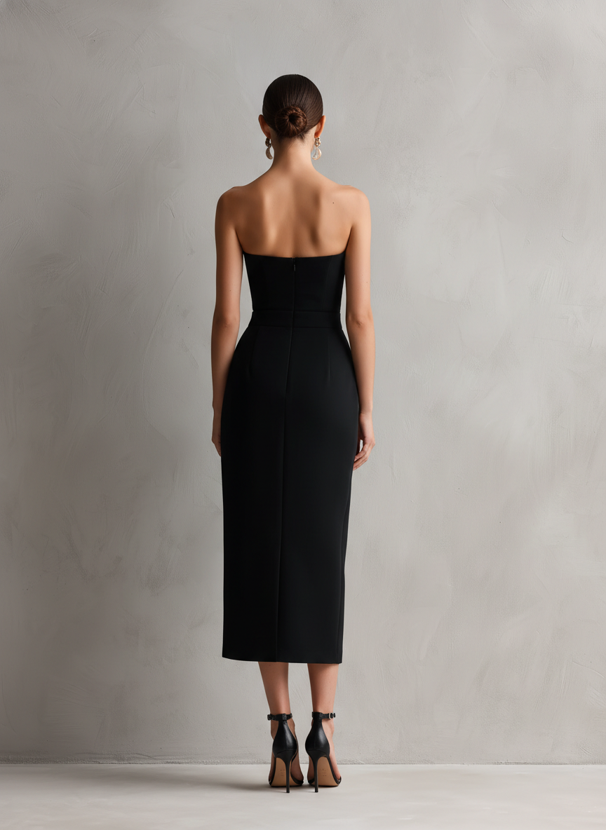 Elina | Black Strapless Bodycon Midi Dress