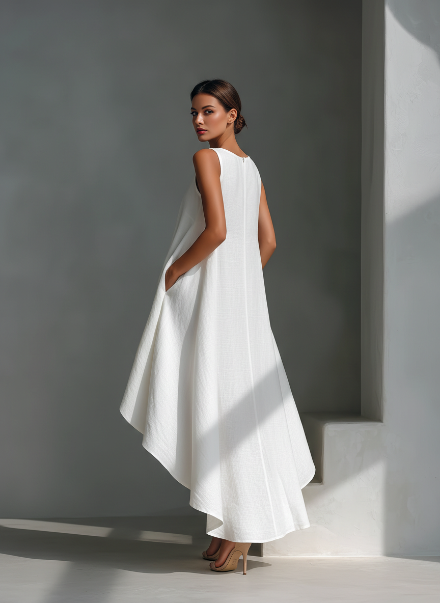 Elsie | White Asymmetric Midi Dress