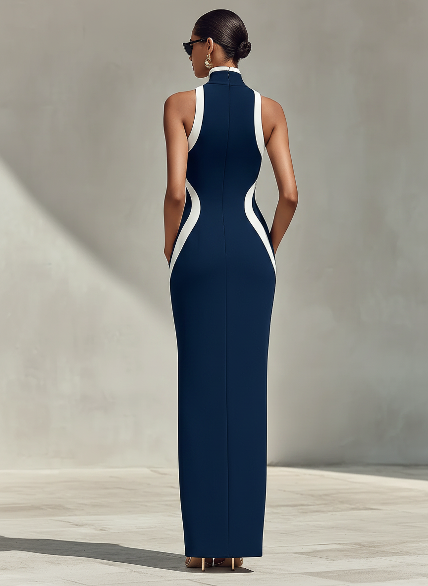 Noelle | Navy Zip-Slit Maxi Dress