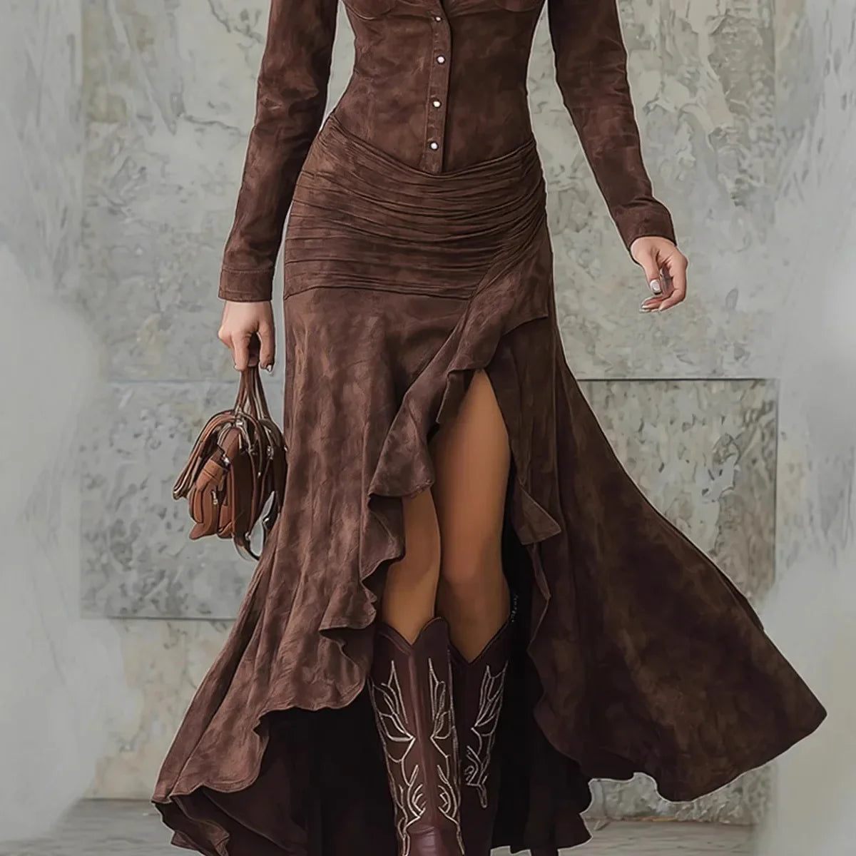 Bailey | Ruffle Hem Suede Maxi Dress