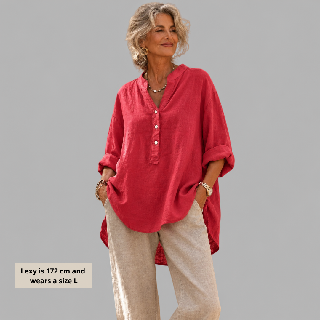 Veronique™ | Breathable Cotton-Linen V-Neck Blouse