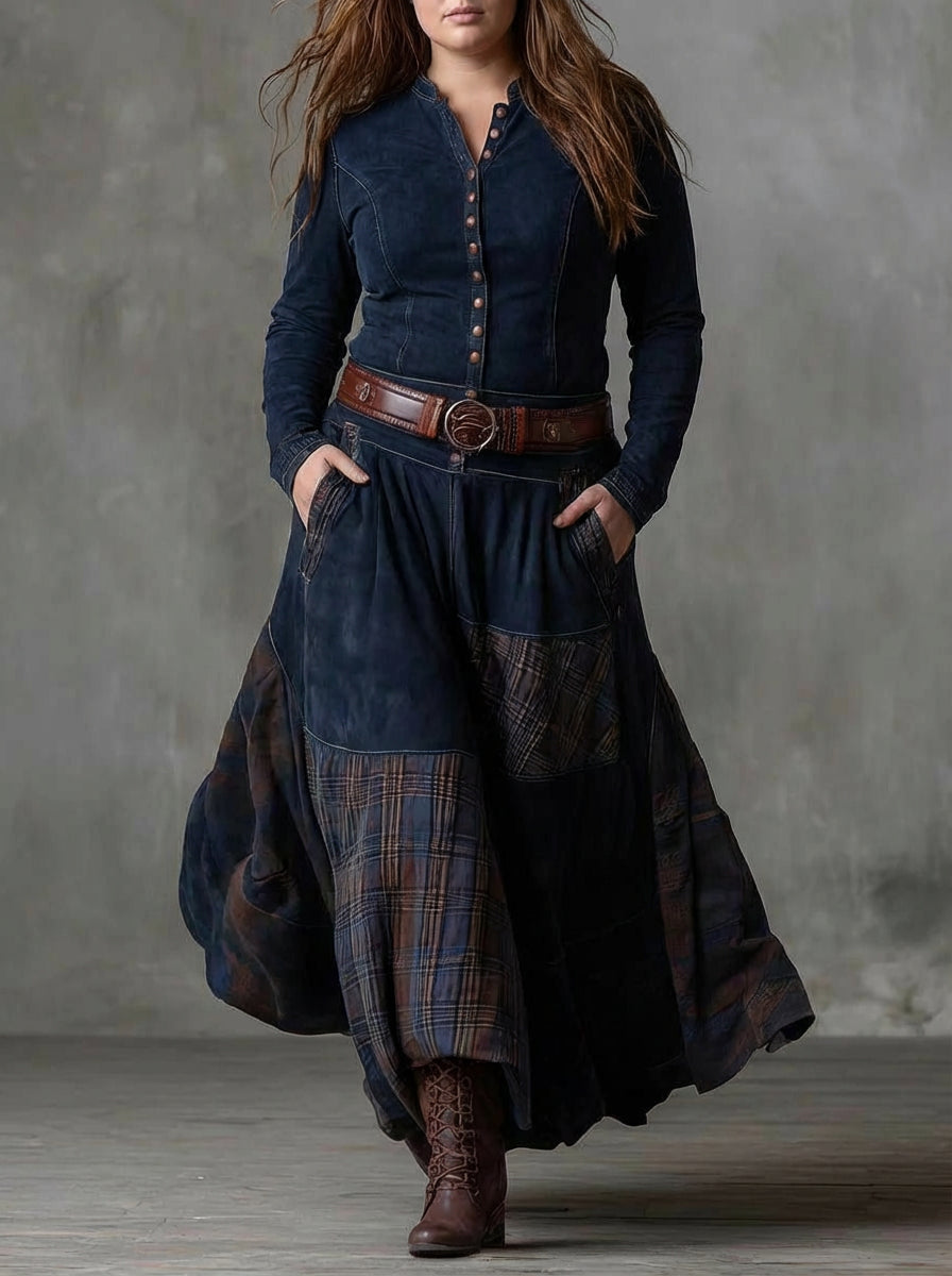 Leonora | Vintage Long Dress in Navy Blue Suede Check (Includes Belt)