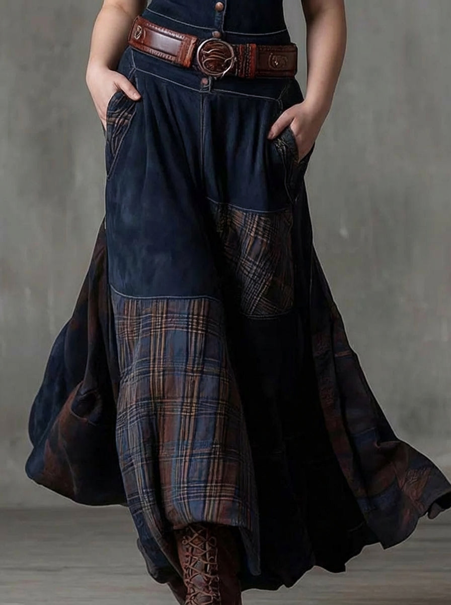 Leonora | Vintage Long Dress in Navy Blue Suede Check (Includes Belt)