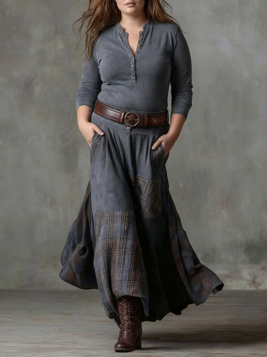 Leonora | Vintage Long Dress in Navy Blue Suede Check (Includes Belt)