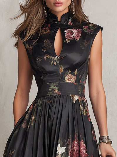 Lennie | Black Floral Satin Midi Dress