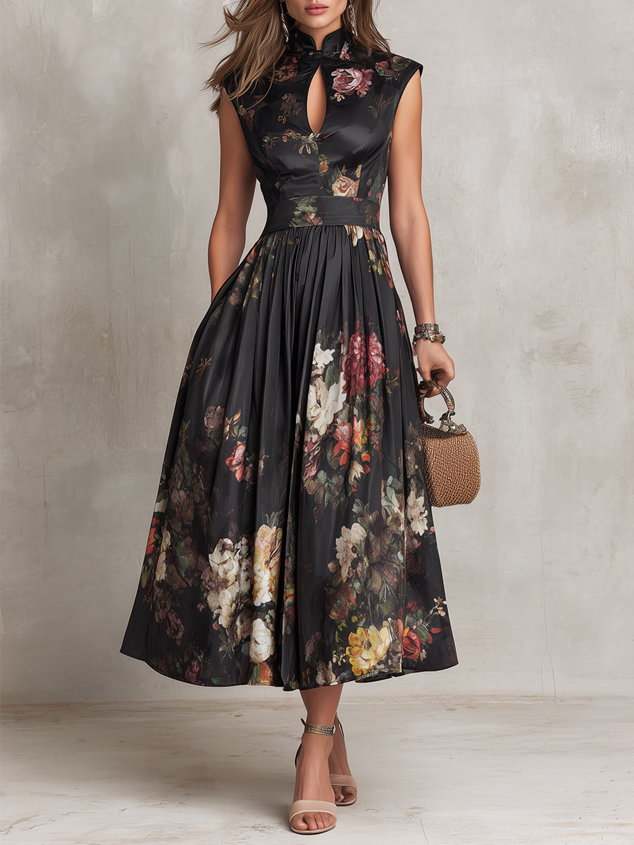 Lennie | Black Floral Satin Midi Dress