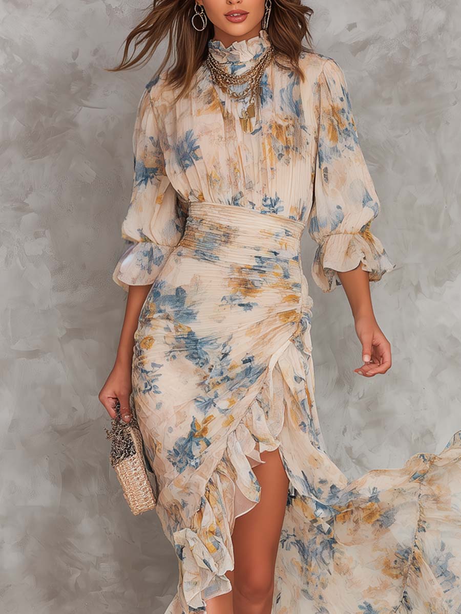 Isla-May | Floral Chiffon Turtleneck Maxi Dress