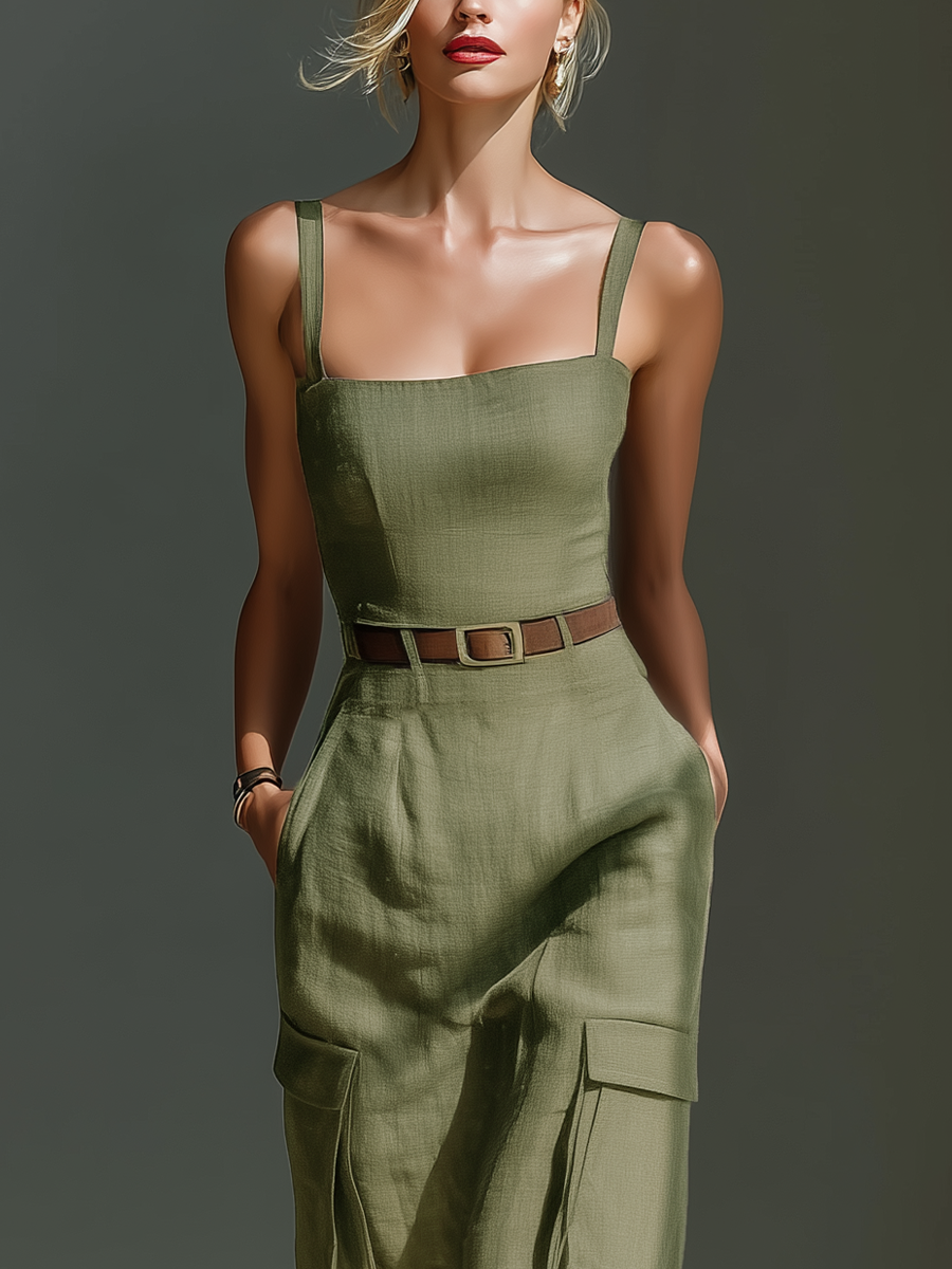 Olive | Linen Cargo Pocket Midi Dress
