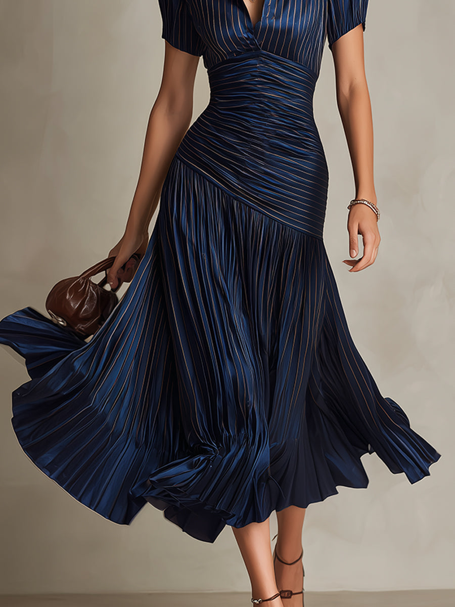 Bianca | Striped Satin Pleated Midi Dress
