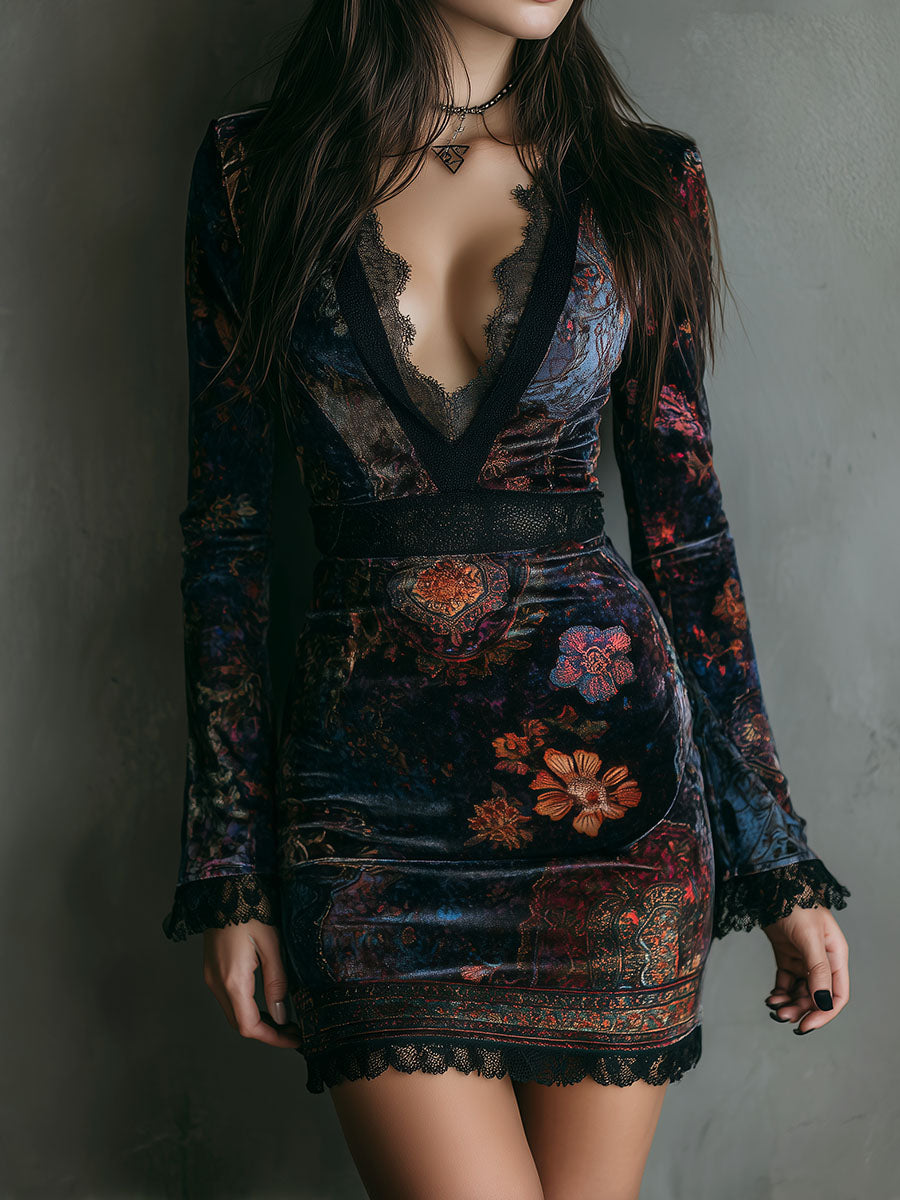 Celeste | Floral Velvet Lace Mini Dress