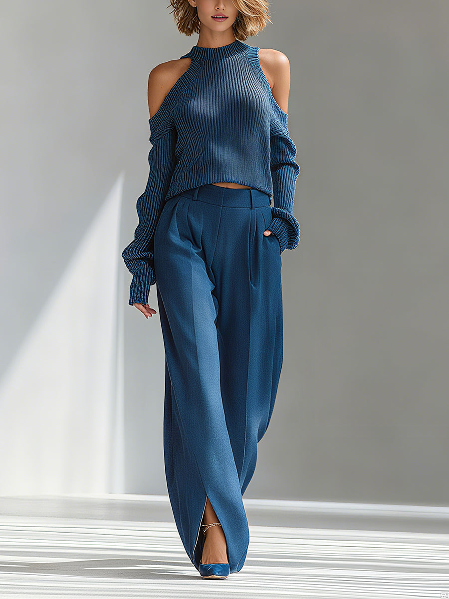 Elise | Blue Cold-Shoulder Knit Set