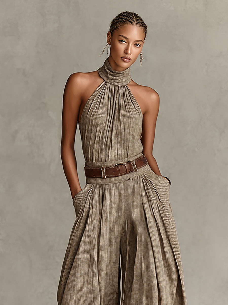 Sienna | Taupe Halter Wide-Leg Jumpsuit
