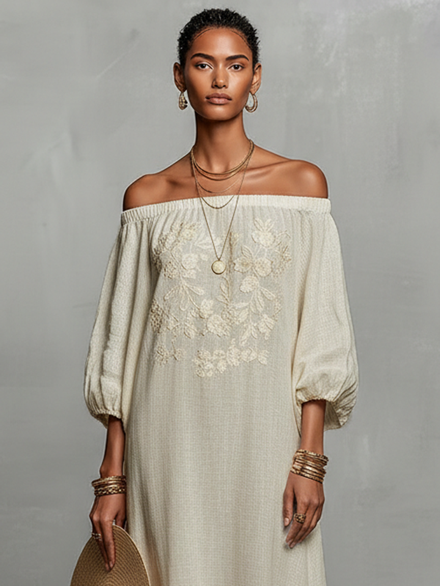 Evelina | Embroidered Off-Shoulder Maxi Dress