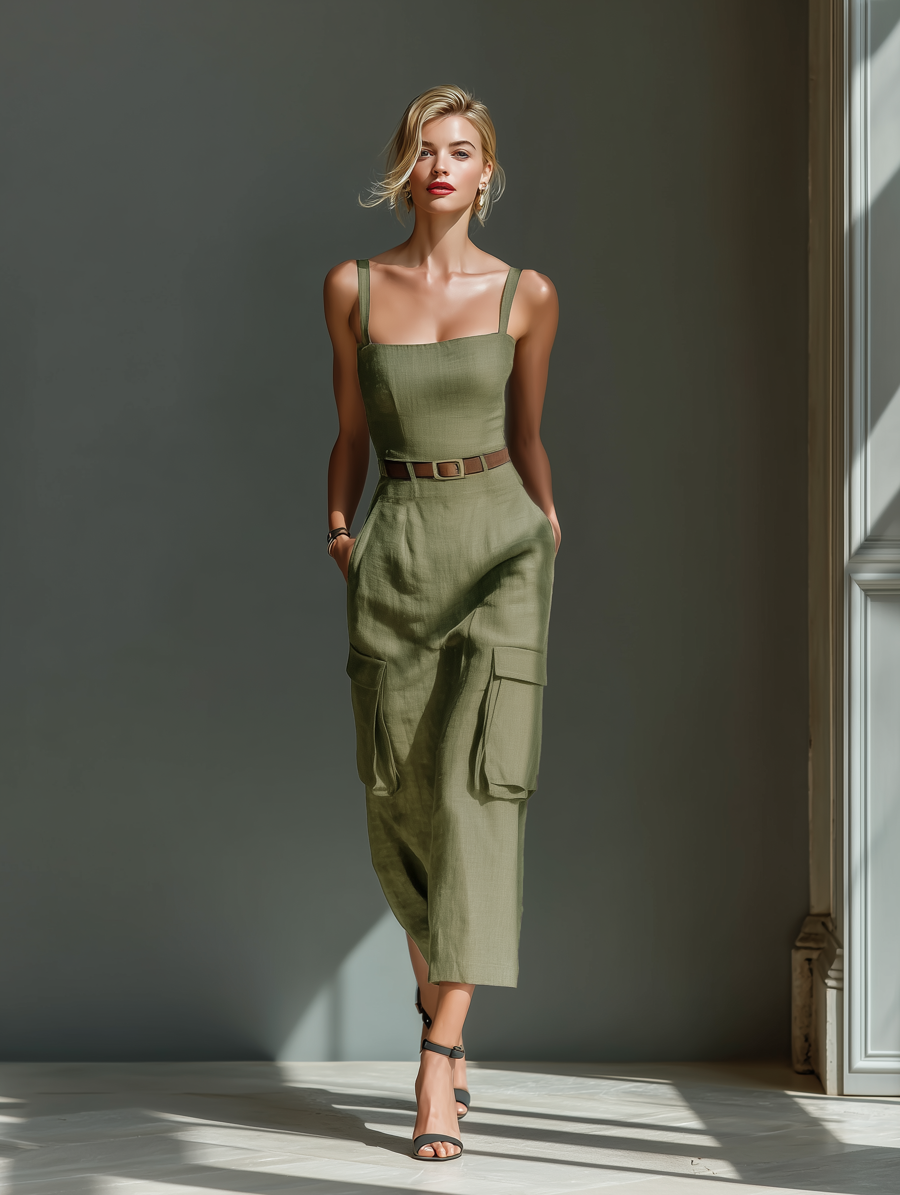 Olive | Linen Cargo Pocket Midi Dress