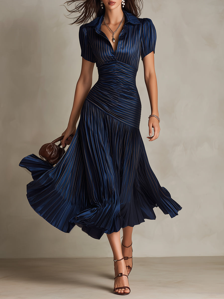 Bianca | Striped Satin Pleated Midi Dress