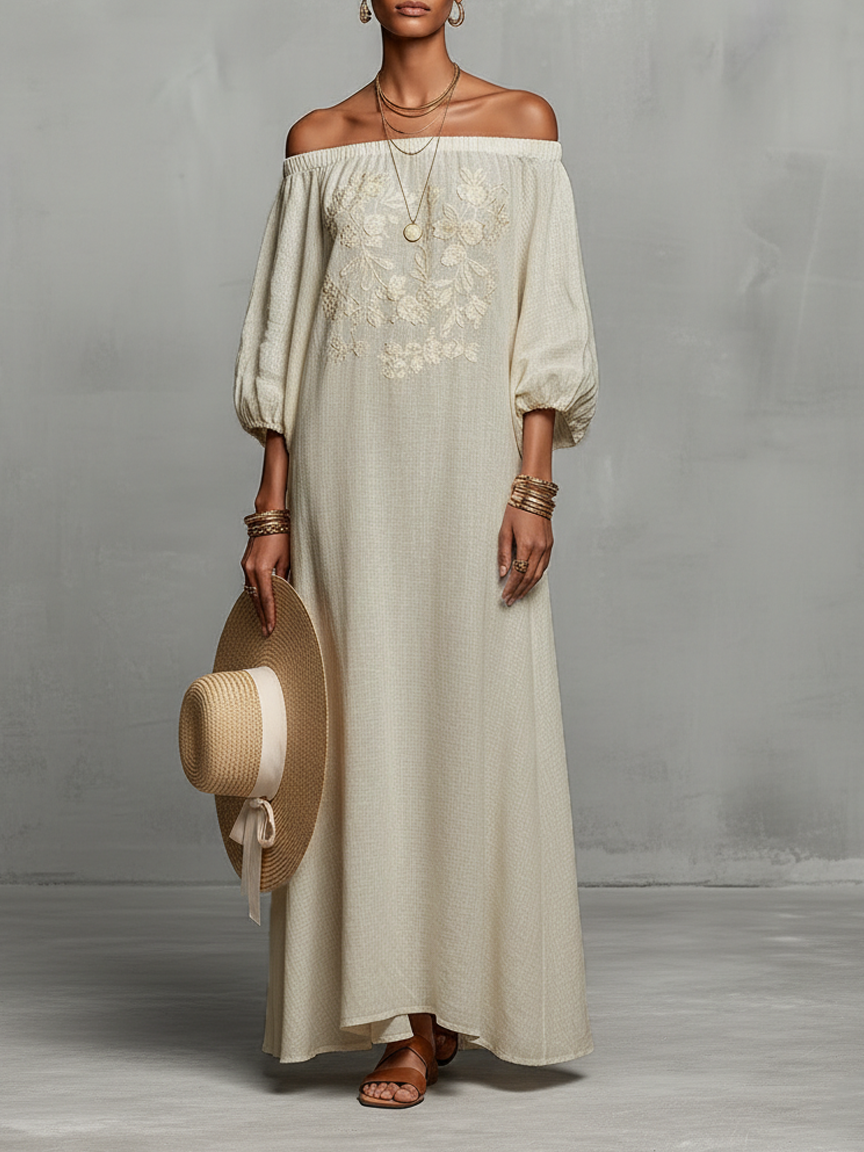 Evelina | Embroidered Off-Shoulder Maxi Dress